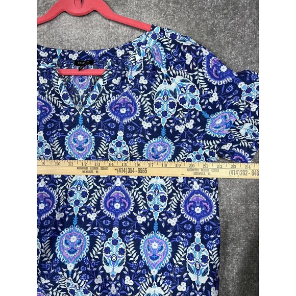 Talbots V-Neck Tiered Short Sleeve Blue Floral Crop Top Womens Large Lightweight - Picture 13 of 14